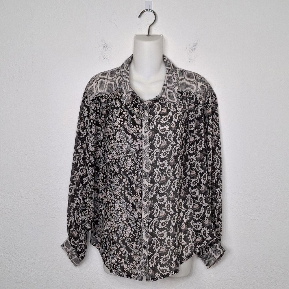 Free People Floral Sheer Blouse Animal Print Sz S Flowy Boho Preppy Neutral